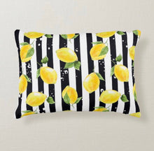 Lumbar Throw Pillow, Yellow Lemon Pattern, Black & White Striped, Zesty, Summer Pillow, Lemon and Stripe, Rectangle