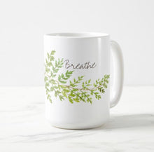 Mug "Breathe" Watercolor Fern, 11oz White Mug, Inspirational Gift