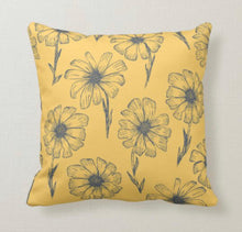 Daisy Pillow, Mustard Yellow Pillow, Gray Daisy Floral