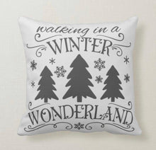 Christmas Pillow, Words "Walking in a Winter Wonderland" Christmas Song, Christmas Trees,  Grey, "Jingle all the Way" Christmas Music Pillow
