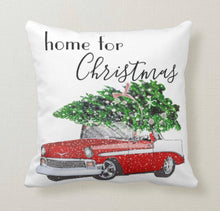 Retro Christmas Pillow, Words "Home for Christmas" Retro Red and White Car, Christmas Tree, Christmas Song "I'll Be Home For Christmas"