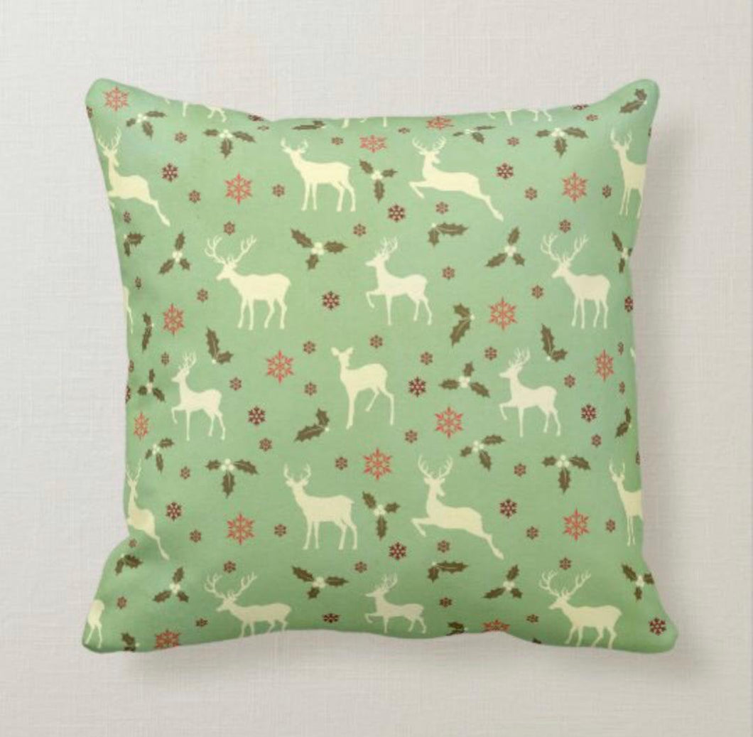 Christmas Reindeer Pillow, Antique Pattern, Mint Green, Cream, Red, and Brown, Christmas Pillow