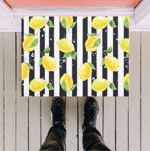 Lemon Door Mat, Yellow Lemon and Stripe, Black and White Stripe, Indoor Outdoor Rug, Citrus Home Decor, Lemon Decor, Front Porch