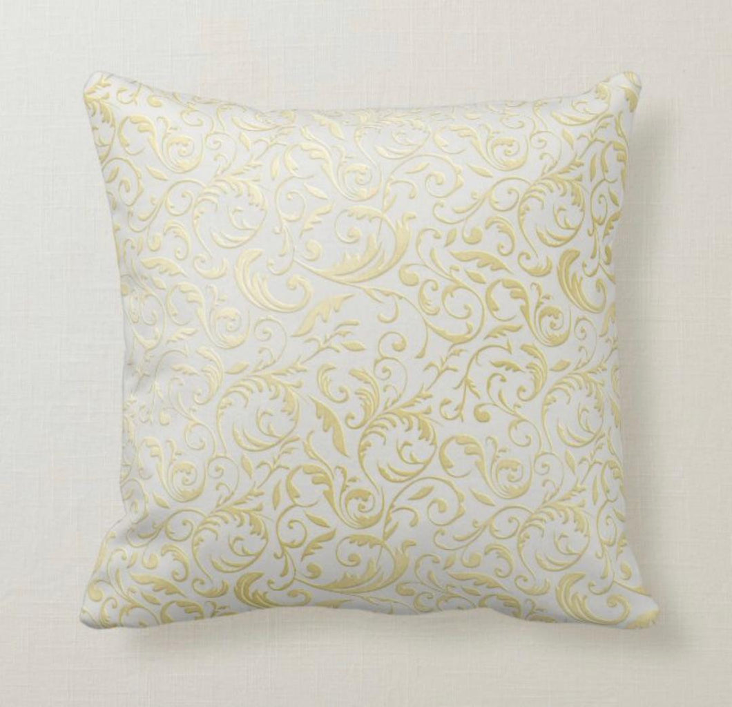 Throw Pillow, Gold and White Damask, Pillow and Insert