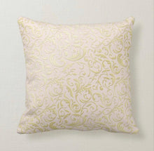 Throw Pillow, Gold and Blush Damask, Pillow and Insert, Words, "When the roots are deep there is no reason to fear the wind."