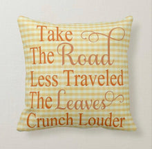 Halloween Pillow "Sit a Spell" Black and White, Thanksgiving Pillow "Take the Road Less Traveled" Yellow Gingham, Two Pillows in One