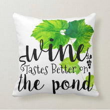 Wine Pillow, Wine Tastes Better On The Pond, Words, Watercolor Grave Vine, Green Grape Cluster, Wine Throw Pillow, Porch Pillow