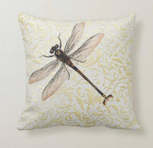 Dragonfly Pillow, Gold Damask, Pillow and Insert