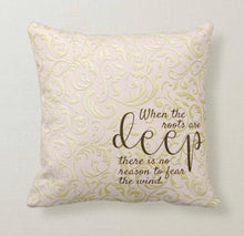Throw Pillow, Gold and Blush Damask, Pillow and Insert, Words, "When the roots are deep there is no reason to fear the wind."