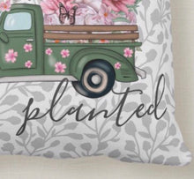 Pillow, Retro Truck and Floral, Gray, Green, Pink "Planted" Two Pillows in One, Cover and Insert, Spring Throw Pillow, Covered Porch Pillow