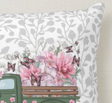 Pillow, Retro Truck and Floral, Gray, Green, Pink "Planted" Two Pillows in One, Cover and Insert, Spring Throw Pillow, Covered Porch Pillow