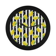 Lemon Wall Clock, Yellow Lemon Pattern, Black & White Striped, Quartz Clock