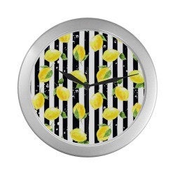 Lemon Wall Clock, Yellow Lemon Pattern, Black & White Striped, Quartz Clock