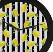 Lemon Wall Clock, Yellow Lemon Pattern, Black & White Striped, Quartz Clock