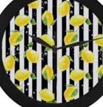 Lemon Wall Clock, Yellow Lemon Pattern, Black & White Striped, Quartz Clock