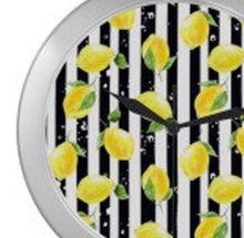 Lemon Wall Clock, Yellow Lemon Pattern, Black & White Striped, Quartz Clock