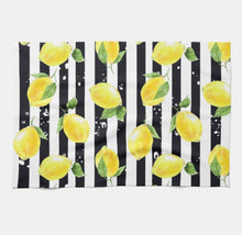 Lemon Kitchen Towel, Lemon and Stripe, Yellow Lemons with Black and White Stripe, Lemon Kitchen Decor, Durable Poly-Blend, 16 " X 24"