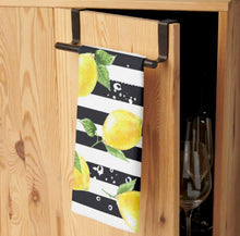 Lemon Kitchen Towel, Lemon and Stripe, Yellow Lemons with Black and White Stripe, Lemon Kitchen Decor, Durable Poly-Blend, 16 " X 24"