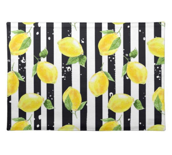 Lemon Placemat Set of 2, Black and White Stripe, Lemon and Stripe, Polyester Twill Placemats