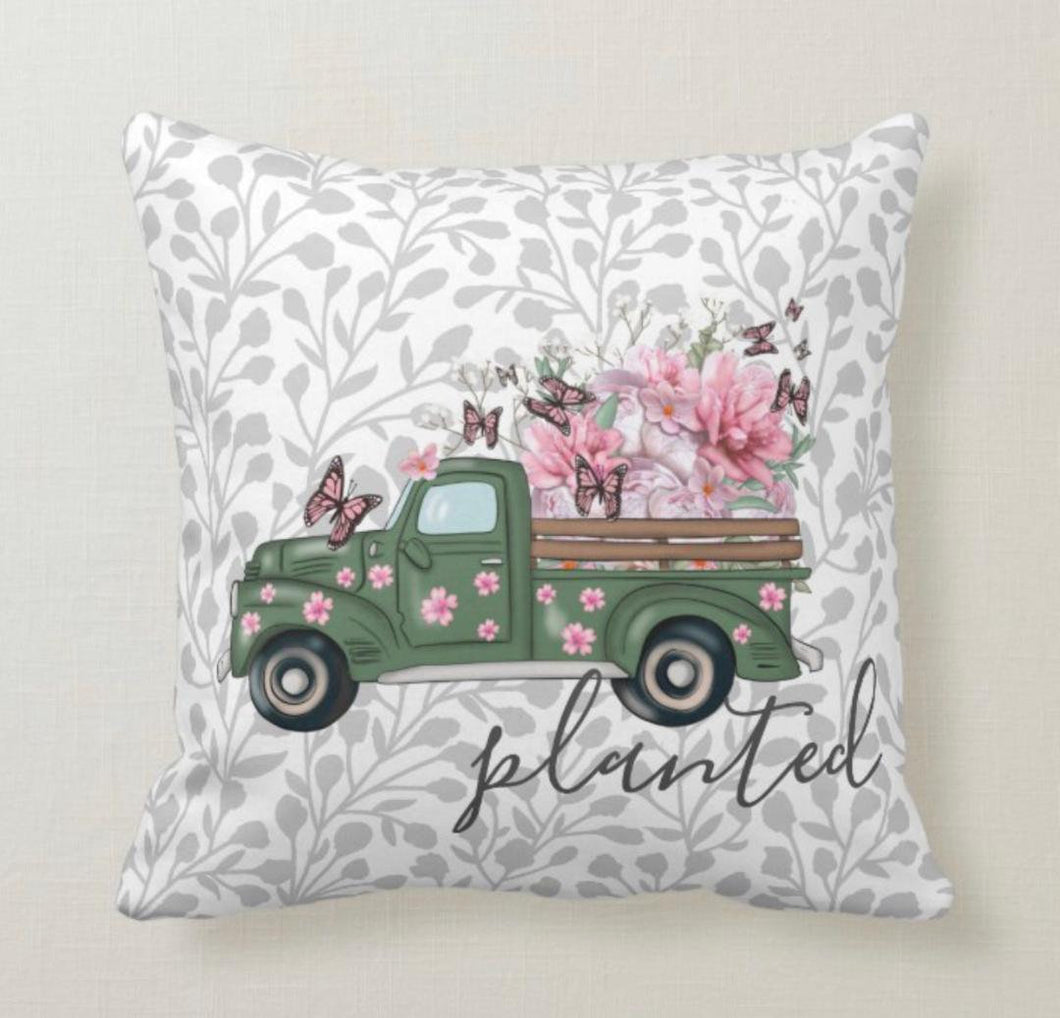 Pillow, Retro Truck and Floral, Gray, Green, Pink 