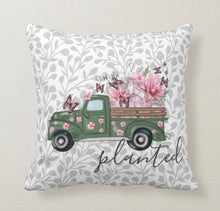 Pillow, Retro Truck and Floral, Gray, Green, Pink "Planted" Two Pillows in One, Cover and Insert, Spring Throw Pillow, Covered Porch Pillow
