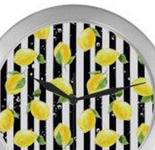 Lemon Wall Clock, Yellow Lemon Pattern, Black & White Striped, Quartz Clock