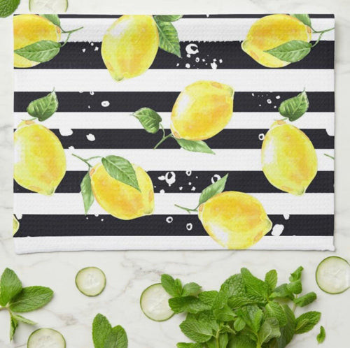 Lemon Kitchen Towel, Lemon and Stripe, Yellow Lemons with Black and White Stripe, Lemon Kitchen Decor, Durable Poly-Blend, 16 