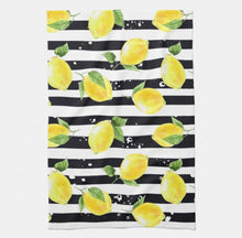 Lemon Kitchen Towel, Lemon and Stripe, Yellow Lemons with Black and White Stripe, Lemon Kitchen Decor, Durable Poly-Blend, 16 " X 24"