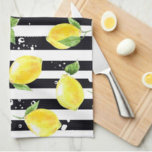 Lemon Kitchen Towel, Lemon and Stripe, Yellow Lemons with Black and White Stripe, Lemon Kitchen Decor, Durable Poly-Blend, 16 " X 24"
