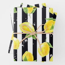 Lemons Wrapping Paper, Lemon and Stripe Pattern, Yellow Lemons with Black and White Stripe, Set of 3, Flat Pre-Cut Sheets