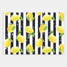 Lemons Wrapping Paper, Lemon and Stripe Pattern, Yellow Lemons with Black and White Stripe, Set of 3, Flat Pre-Cut Sheets