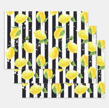 Lemons Wrapping Paper, Lemon and Stripe Pattern, Yellow Lemons with Black and White Stripe, Set of 3, Flat Pre-Cut Sheets