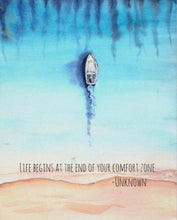 Ocean Tabletop Plaque with Easel, Watercolor Ocean, Boat, Quote "Life Begins at the End of Your Comfort Zone" Ocean Theme Decor, Office