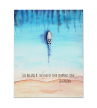 Ocean Tabletop Plaque with Easel, Watercolor Ocean, Boat, Quote "Life Begins at the End of Your Comfort Zone" Ocean Theme Decor, Office