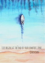 Watercolor Ocean, Flat Card Set, Boat, Quote "Life Begins at the End of Your Comfort Zone" Ready to Frame, 5 X 7, Blank Card, Set of 3