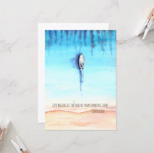 Watercolor Ocean, Flat Card Set, Boat, Quote "Life Begins at the End of Your Comfort Zone" Ready to Frame, 5 X 7, Blank Card, Set of 3