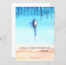 Watercolor Ocean, Flat Card Set, Boat, Quote "Life Begins at the End of Your Comfort Zone" Ready to Frame, 5 X 7, Blank Card, Set of 3