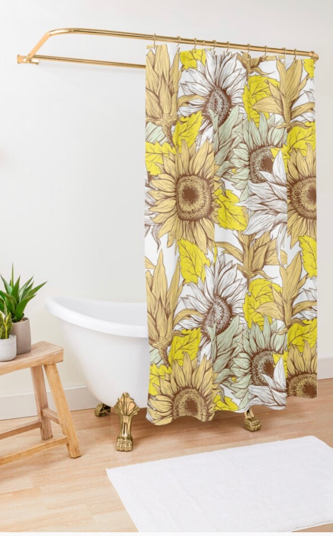 Polyester Sunflower Shower Curtain, Sunflower Floral Print, Sunflower Bath Decor, Yellow, White, Brown and Mint, Earth Tones