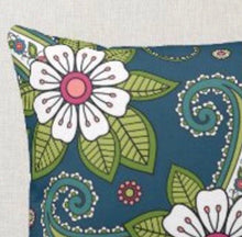 Pillow Paisley Doodle Floral, Pillow and Insert, 16 X 16, Navy, White, Green, Pink, Indian Floral Pattern, Oriental Floral
