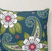 Pillow Paisley Doodle Floral, Pillow and Insert, 16 X 16, Navy, White, Green, Pink, Indian Floral Pattern, Oriental Floral