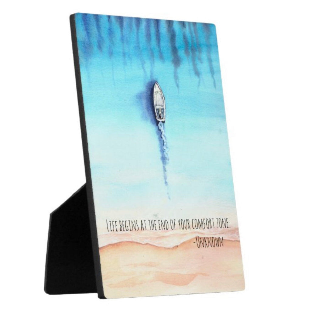 Ocean Tabletop Plaque with Easel, Watercolor Ocean, Boat, Quote 