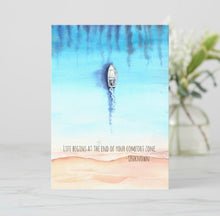 Watercolor Ocean, Flat Card Set, Boat, Quote "Life Begins at the End of Your Comfort Zone" Ready to Frame, 5 X 7, Blank Card, Set of 3