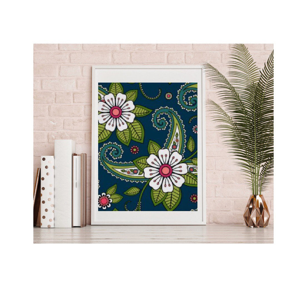 Wall Art Floral Pattern, Oriental Floral, Indian Floral, White Floral Design with Navy and Green, Floral Wall Decor, Poster