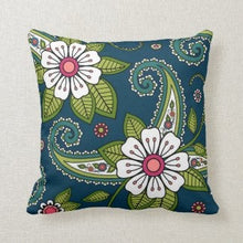 Pillow Paisley Doodle Floral, Pillow and Insert, 16 X 16, Navy, White, Green, Pink, Indian Floral Pattern, Oriental Floral