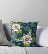 Pillow Paisley Doodle Floral, Pillow and Insert, 16 X 16, Navy, White, Green, Pink, Indian Floral Pattern, Oriental Floral