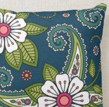 Pillow Paisley Doodle Floral, Pillow and Insert, 16 X 16, Navy, White, Green, Pink, Indian Floral Pattern, Oriental Floral