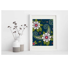 Wall Art Floral Pattern, Oriental Floral, Indian Floral, White Floral Design with Navy and Green, Floral Wall Decor, Poster