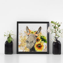 Sunflower Wall Art Decor, Poster, Watercolor Donkey with Sunflowers, Ready to Frame, Size 16 X 16, Farm Animal Art