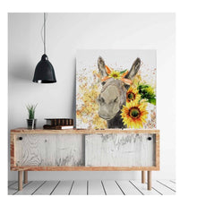 Sunflower Wall Art Decor, Poster, Watercolor Donkey with Sunflowers, Ready to Frame, Size 16 X 16, Farm Animal Art