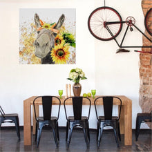 Sunflower Wall Art Decor, Poster, Watercolor Donkey with Sunflowers, Ready to Frame, Size 16 X 16, Farm Animal Art